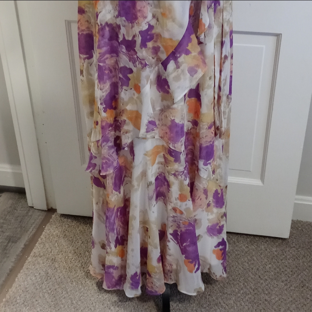 💜Taylor💜 - Purple/Peach/Cream Floral Chiffon Ruffle L/S V-Neck Midi Dress - Picture 10 of 16